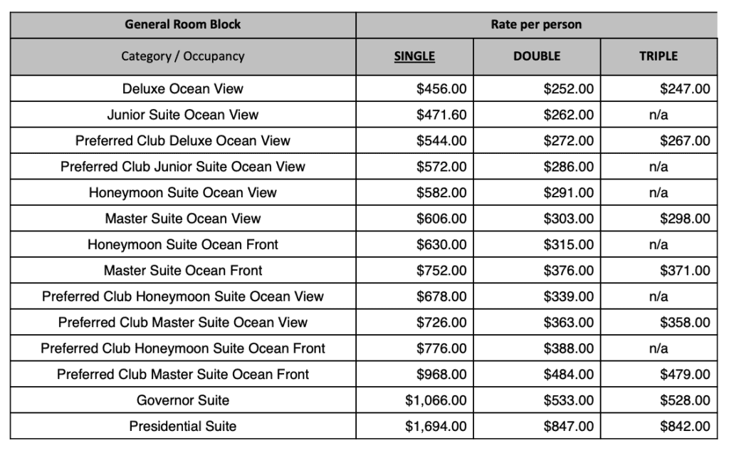 Thrive at Fiv retreat hotel room block pricing — rates per person by room category